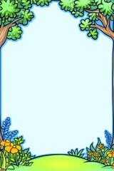 Aufkleber - Forest frame Cartoon trees & plants surround a light blue background, creating a natural border
