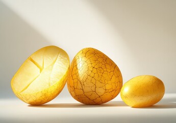 Poster - Three Cracked Yellow Fruits on a Light Background with Shadows Creating an Artistic Composition and a Playful Vibe for Fresh Food Concepts