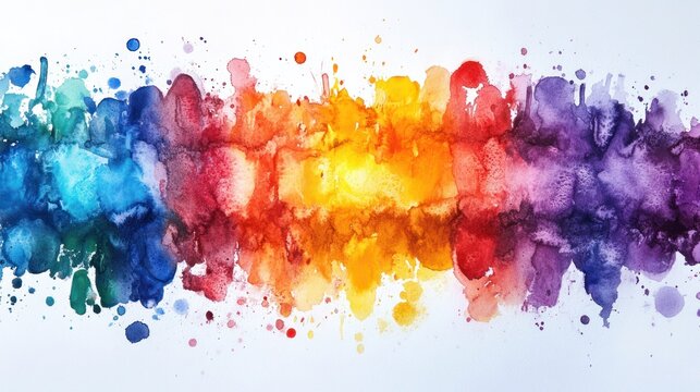 Vibrant watercolor artist palette with splashes of rainbow colors, white background