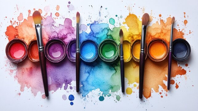 Vibrant watercolor artist palette with splashes of rainbow colors, white background