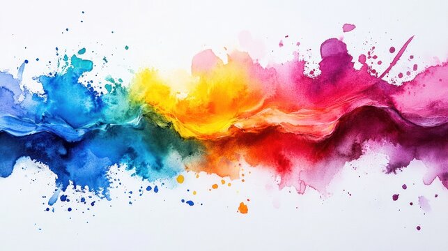 Vibrant watercolor artist palette with splashes of rainbow colors, white background
