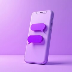 Poster - A modern mobile phone sits against a soft purple backdrop featuring two vibrant purple message bubbles symbolizing communication. The lighting adds a glossy finish to the scene.