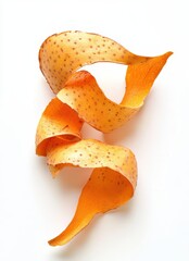 Poster - Vibrant Orange Potato Peel Twirling Gracefully on a White Background, Showcasing the Unique Texture and Color Patterns of Fresh Produce