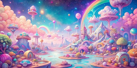 Poster - Whimsical Manga Backdrop: Surreal Hand-Drawn Flat Illustration Stock Photo