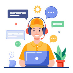 Poster - A technician engages in remote support by typing responses in a chat interface. He wears a headset and is seated at a desk with a laptop, coffee mug, and a plant nearby