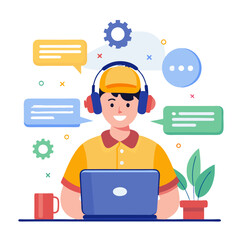 Poster - A technician provides remote support via chat, wearing headphones and a cap at a desk with a laptop, surrounded by project elements and plants, showcasing a modern work environment