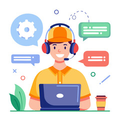 Poster - A technician is assisting customers remotely by chat. They are wearing headphones and a cap, happily engaging in problem-solving while seated at a desk with a laptop and a coffee cup