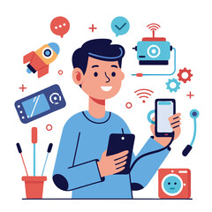 Poster - A user smiles while holding a repaired device, showcasing excitement in a vibrant workspace filled with tech elements, tools, and gadgets
