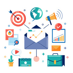 Poster - Various marketing elements displayed include an envelope, graphs, advertisements, and communication tools set in a colorful arrangement. This highlights campaign strategies