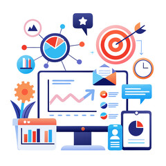 Poster - Colorful graphics illustrate the transformation of campaign metrics into customer engagement strategies, highlighting analytics tools, charts, and communication methods in a digital workspace