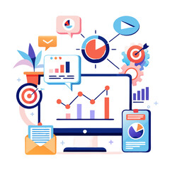 Poster - A digital workspace showcases colorful analytics tools, charts, and graphs illustrating campaign metrics. Visual elements symbolize customer engagement and data-driven decision-making