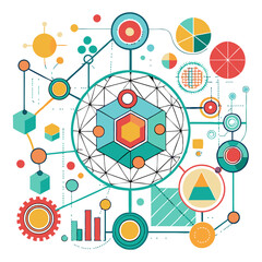 Poster - Visually striking patterns and graphs exhibit dynamic relationships among data points, emphasizing complex connections and analytical insights through vibrant colors and shapes