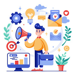 Poster - A person holds a megaphone while standing next to a computer displaying charts and graphics, surrounded by various elements symbolizing digital marketing and customer engagement strategies