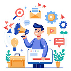 Poster - In a modern workspace, a person holds a megaphone while surrounded by various symbols representing digital marketing concepts, illustrating the transformation of advertising into customer engagement