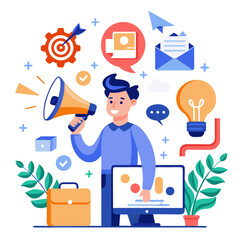 Poster - A young professional holds a megaphone, surrounded by marketing elements like a target, light bulb, and computer. This visual represents the dynamic nature of customer engagement in advertising