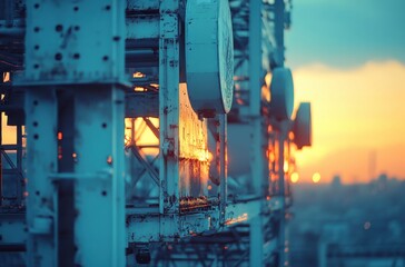 Poster - Beautiful Sunset over a Communication Tower with Glowing Orange and Blue Sky, Displaying Industrial and Abstract Elements of Modern Technology