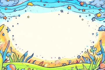 Aufkleber - Whimsical Cartoon Meadow. Nature illustration with colorful grass, clouds, stars, and a blank oval space