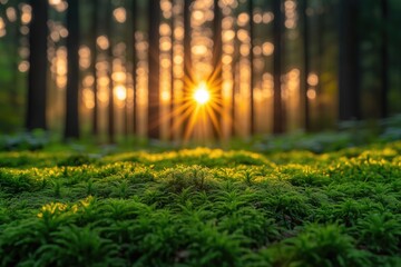 Wall Mural - Golden sunlight streaming through tall trees, illuminating lush green moss on the forest floor.