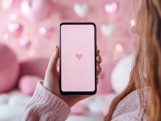 Poster - white screen smartphone and a background is a display of love for couples on heart background