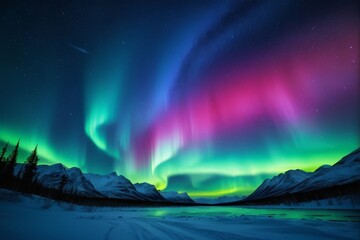 aurora bore over a mountain range with a lake and snow