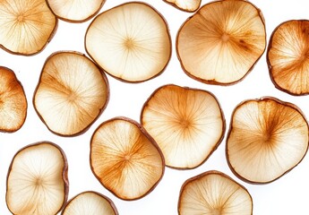 Poster - Decorative and Artistic Background of Dried Natural Fruit Slices with Unique Textures in a Flat Lay Composition on a Bright Surface