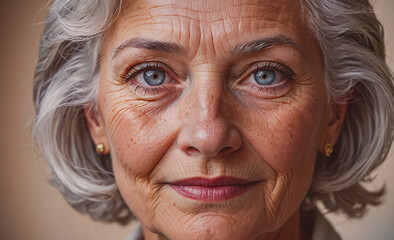 Poster - Woman with blue eyes and grey hair. She is smiling. The woman is wearing earrings