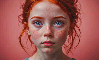 Poster - Young girl with red hair and blue eyes. She has a lot of freckles on her face