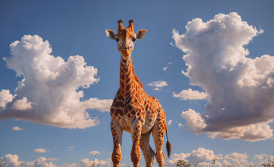 Aufkleber - Giraffe stands in front of a cloudy sky. The giraffe is looking up at the sky, and the clouds are scattered across the sky. The scene has a peaceful and serene mood