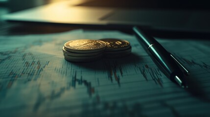 Poster - Financial Analysis Charts with Gold Coins. Possible use Stock photo for articles about investing, market trends, or financial growth