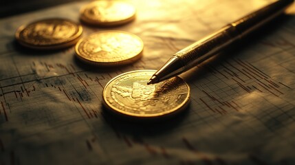 Poster - Golden coins on financial chart, pen laying on top, close-up