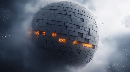 Poster - Giant Digital Globe Representing Cybersecurity Balance Surrounded by Clouds and Mystical Atmosphere