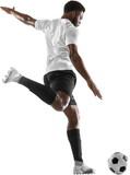 Young African man, male football soccer player in motion, training, hitting ball isolated on transparent background. Concept of sport, competition, tournament, hobby, active lifestyle