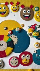 Poster - A yellow background with many smiling faces. Some of the faces are blue and some are red. There are many different sizes of faces