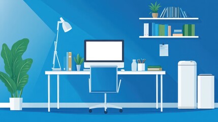 Poster - Modern workspace interior design, computer desk, plant, bookshelves