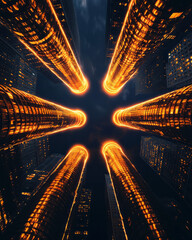 Aufkleber - A creative perspective of illuminated pipes against a dark sky, evoking the hidden energy networks