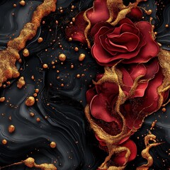 Poster - Seamless Elegant rose surrounded by rich gold and black elements creating a luxurious and opulent floral composition