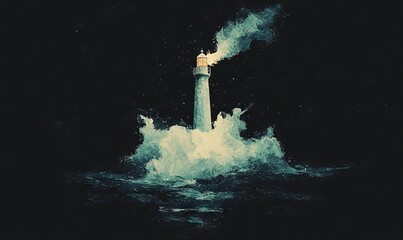 Poster - A futuristic lighthouse stands on the seashore, its light serving as a beacon to the sea, set against a nighttime backdrop of rocky coastline and modern architecture