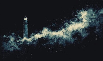 Poster - A modern, digitally created illustration depicts a lighthouse standing tall on a rocky seashore, its light cutting through the darkness, a guiding force for those navigating the sea at night