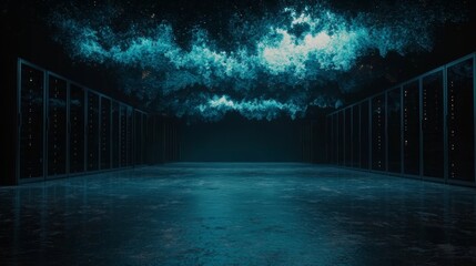 A room filled with servers arranged in rows, illuminated by blue lights that represent the flow of digital data and information