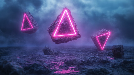 Poster - Surreal composition featuring angular neon grids and holographic polygons floating in a moody cyber