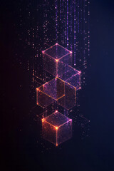 Poster - Dynamic abstract scene of neon cubes and triangular prisms interconnected by glowing lines,