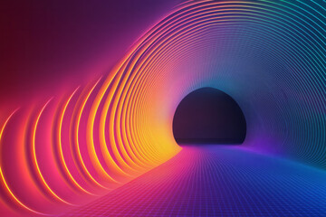 Poster - Futuristic mural of vibrant neon arcs and grid patterns dissolving into dark digital noise, with