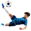 © master1305 - Dynamic image of determined man, soccer player in blue uniform hitting ball in motion and falling down isolated on transparent background. Concept of sport, competition, tournament, games