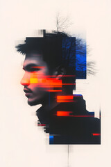Poster - Glitch-inspired collage merging fragmented neon shapes with vibrant digital distortions, each