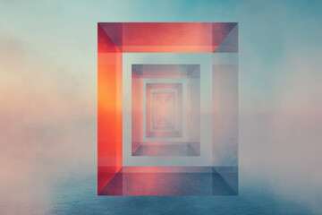 Poster - A dynamic composition of geometric neon structures suspended in a deep digital abyss, blending