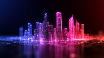Poster - A surreal scene of futuristic skyscrapers outlined in vibrant neon, their reflections merging with