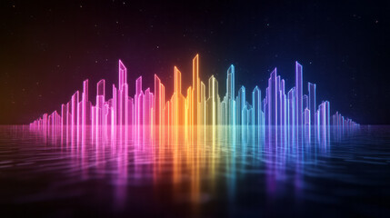 Poster - A surreal scene of futuristic skyscrapers outlined in vibrant neon, their reflections merging with