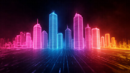 Aufkleber - A surreal scene of futuristic skyscrapers outlined in vibrant neon, their reflections merging with