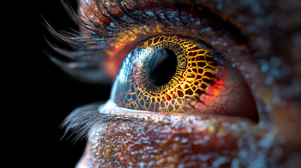 Poster - Dreamlike portrait of a single enigmatic eye, reflecting abstract fractal shapes and subtle hints