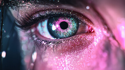 Poster - Ethereal portrait where a solitary eye is framed by soft digital glitches and shimmering neon